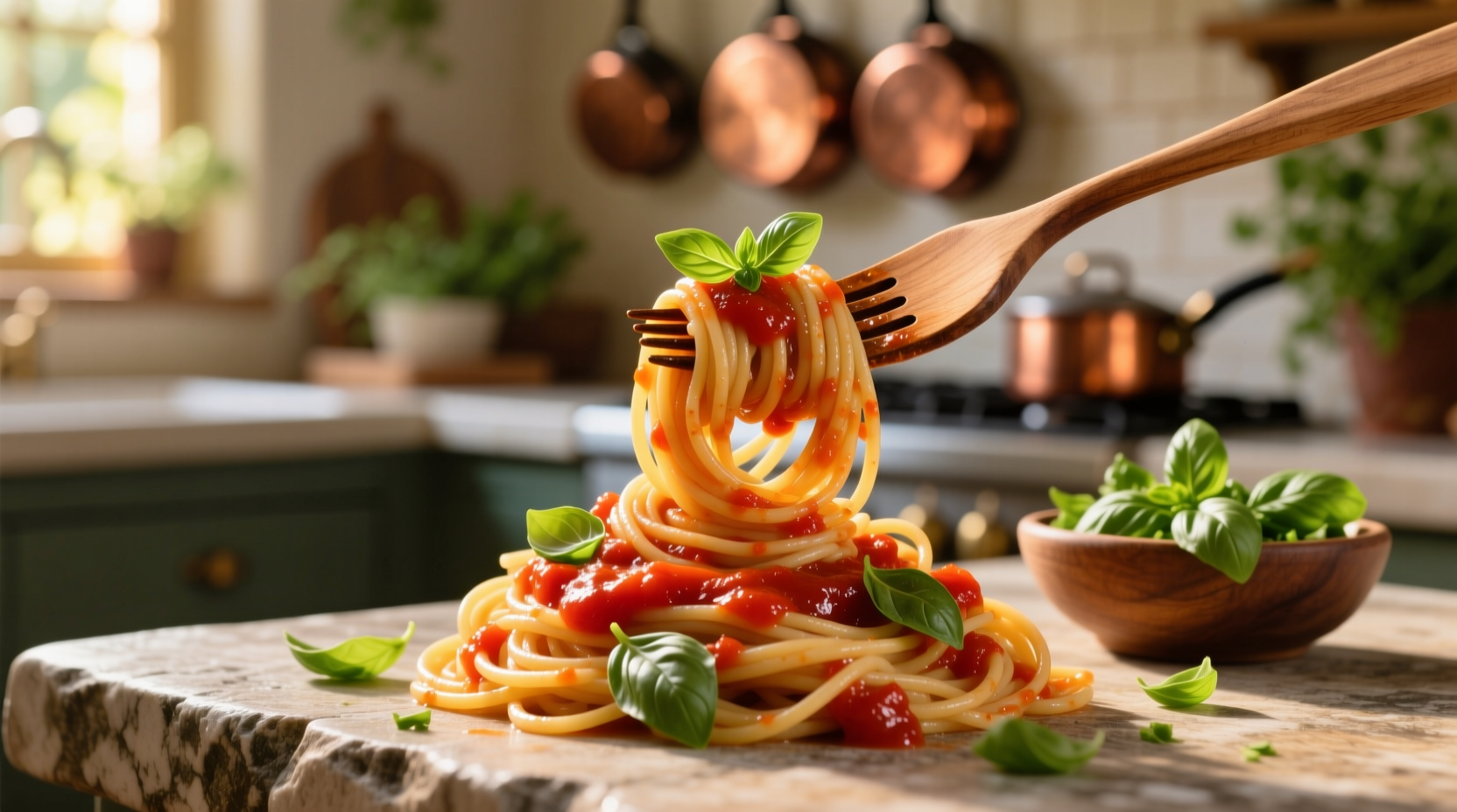 Fresh spaghetti in vibrant tomato basil sauce