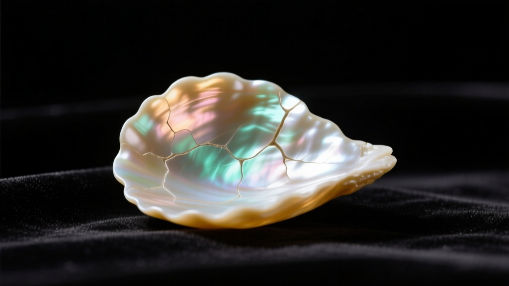 Macro shot of an asymmetrical baroque Mississippi River natural freshwater pearl on dark velvet, lit by soft warm light.