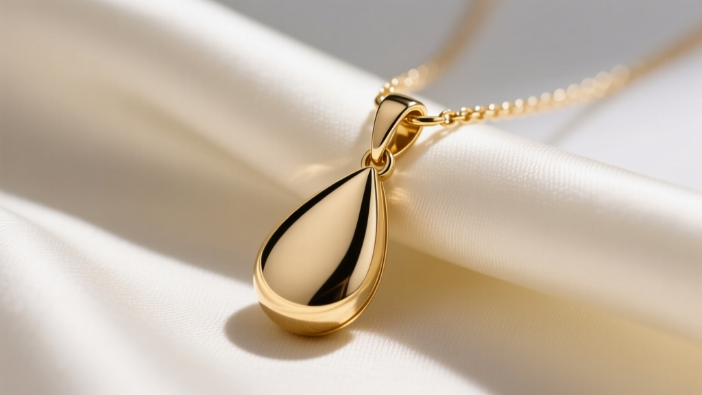 Close-up of a 14k gold teardrop crematorium necklace on silk, highlighting the friction-fit bail and highly polished finish
