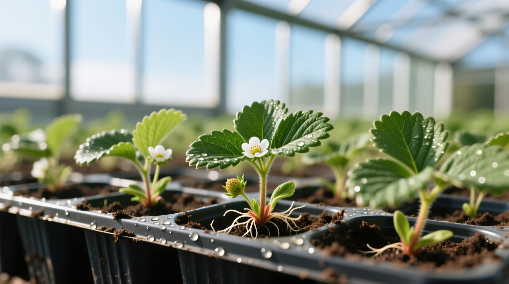 Strawberry seedlings in starter trays
