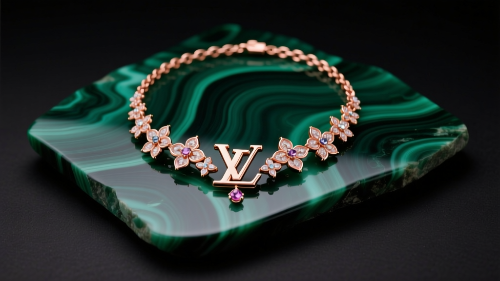 Flat lay of an 18k rose gold Louis Vuitton Color Blossom necklace on dark green malachite stone under soft studio lighting
