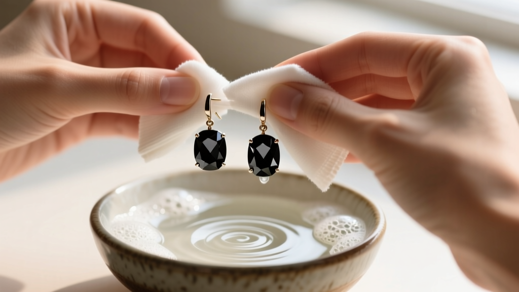 Hands gently cleaning black spinel drop earrings with a soft microfiber cloth and mild soapy water in a small ceramic bowl.