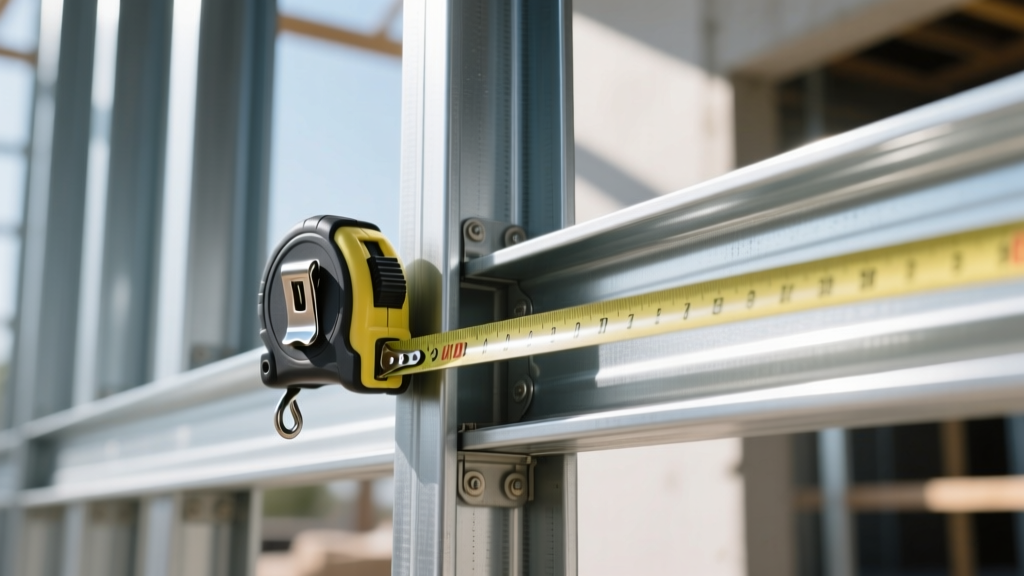 Close-up of galvanized steel wall studs and tracks being measured with a tape measure on a commercial construction site framing layout