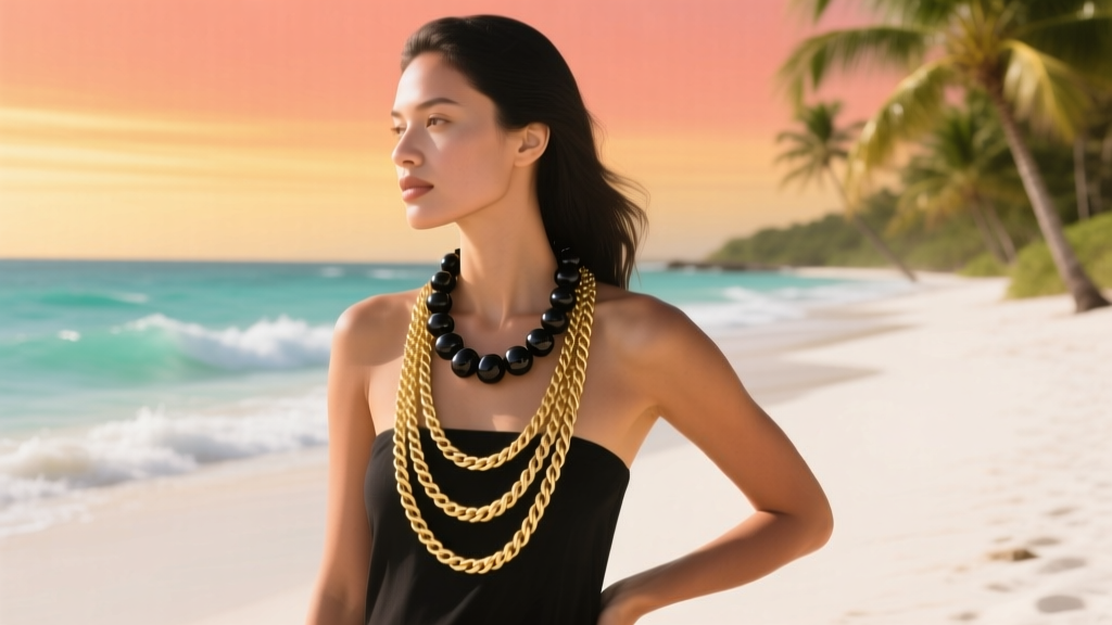 Woman wearing a layered 14k gold rope chain and a polished black kukui nut lei necklace against a bright tropical beach backdrop.