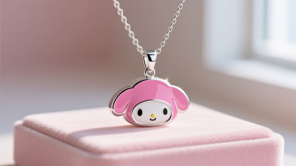 Sterling silver My Melody pendant with pink hard enamel hood on a delicate box chain, resting on a soft pastel pink velvet display.