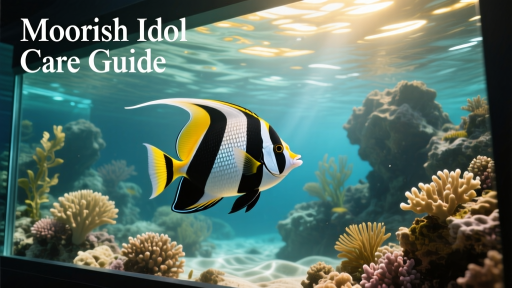 A vibrant Moorish idol swimming gracefully in a spacious, well-structured reef aquarium with strong water flow and natural rock formations
