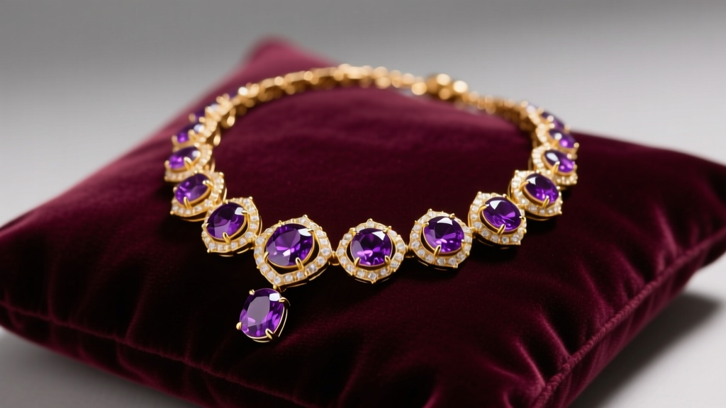 14k gold amethyst station necklace on velvet, showing deep purple Siberian stones in bezel settings under warm studio lighting.