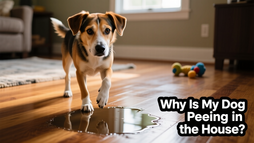 A confused-looking dog standing near a small puddle on hardwood flooring
