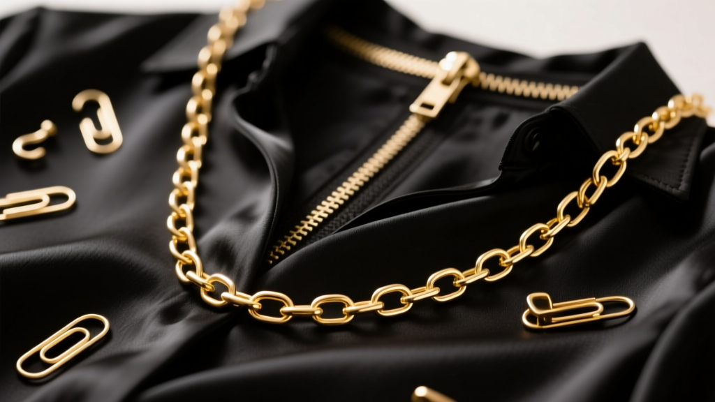 Macro shot of an 18k gold paperclip chain on a black silk blouse, contrasting with blurred metal skirt hardware in the background