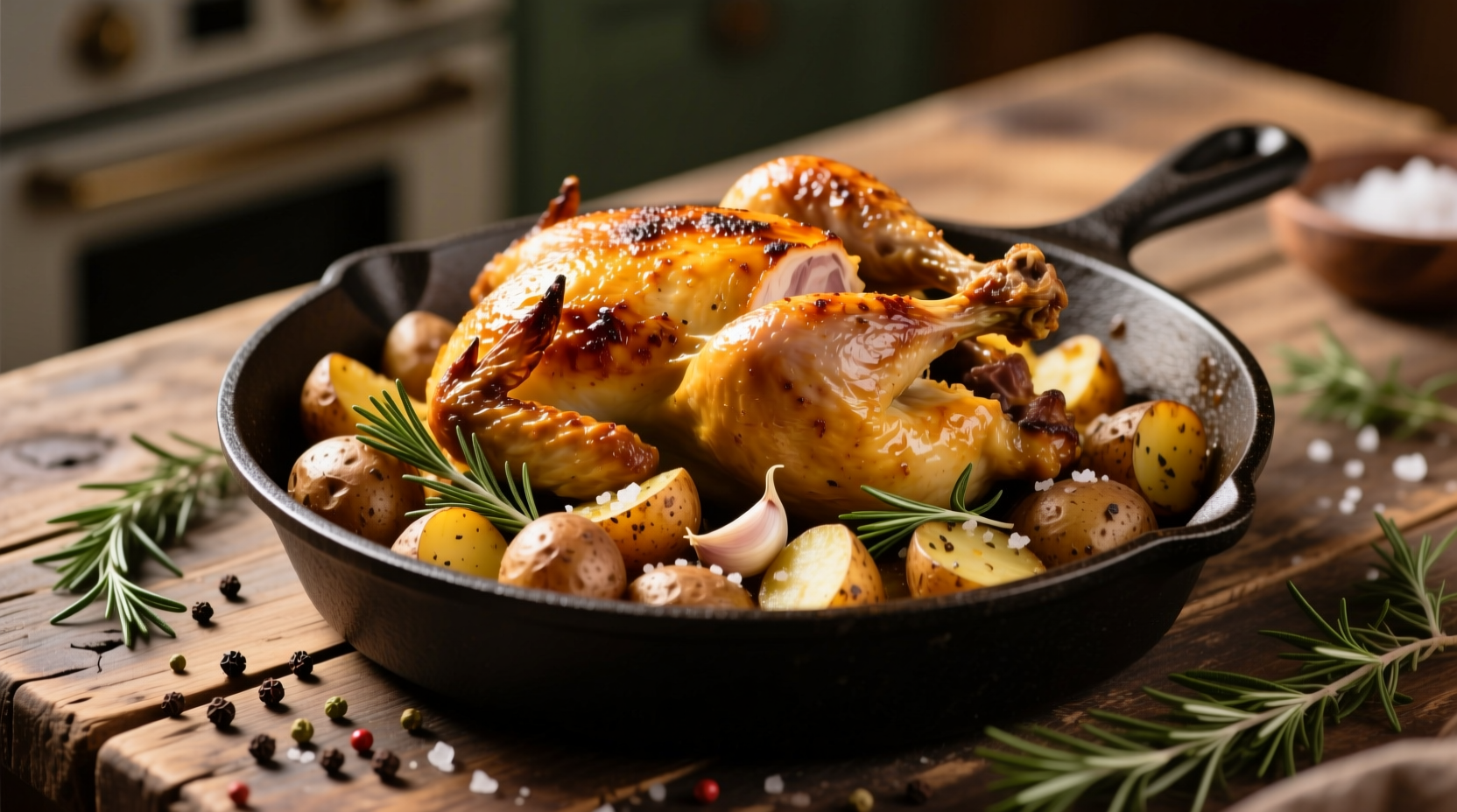 Golden chicken and roasted potatoes in cast iron skillet