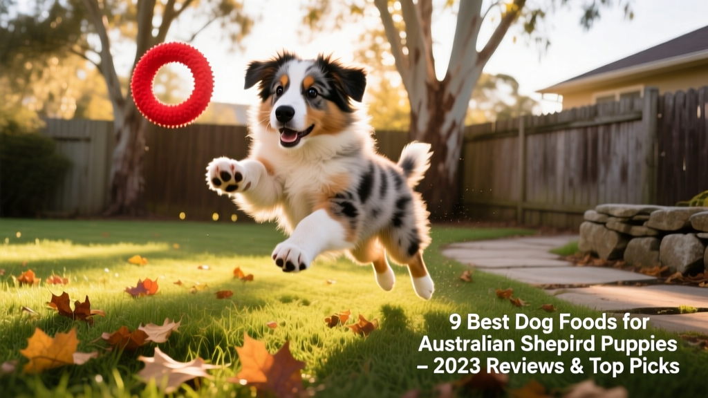 Australian Shepherd puppy playing energetically in a sunlit backyard