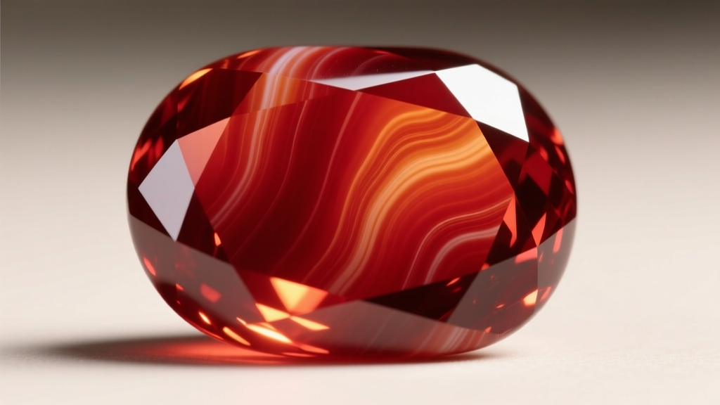 Macro shot of a deep red carnelian gemstone highlighting its smooth glassy luster, natural banding, and bright light refraction