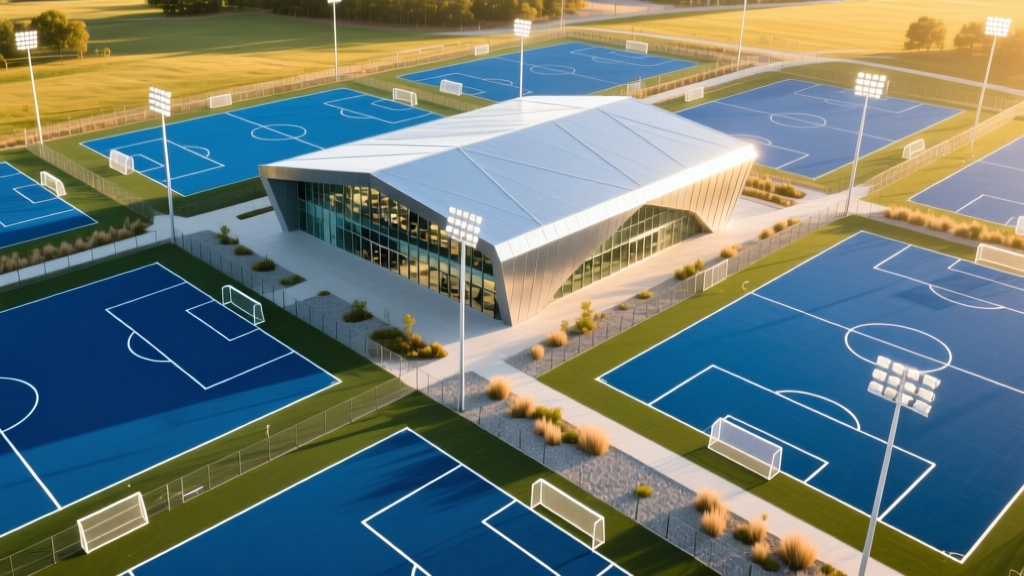 Aerial view of a multi-field sports complex with blue synthetic turf, LED stadium lighting, and a modern steel fieldhouse