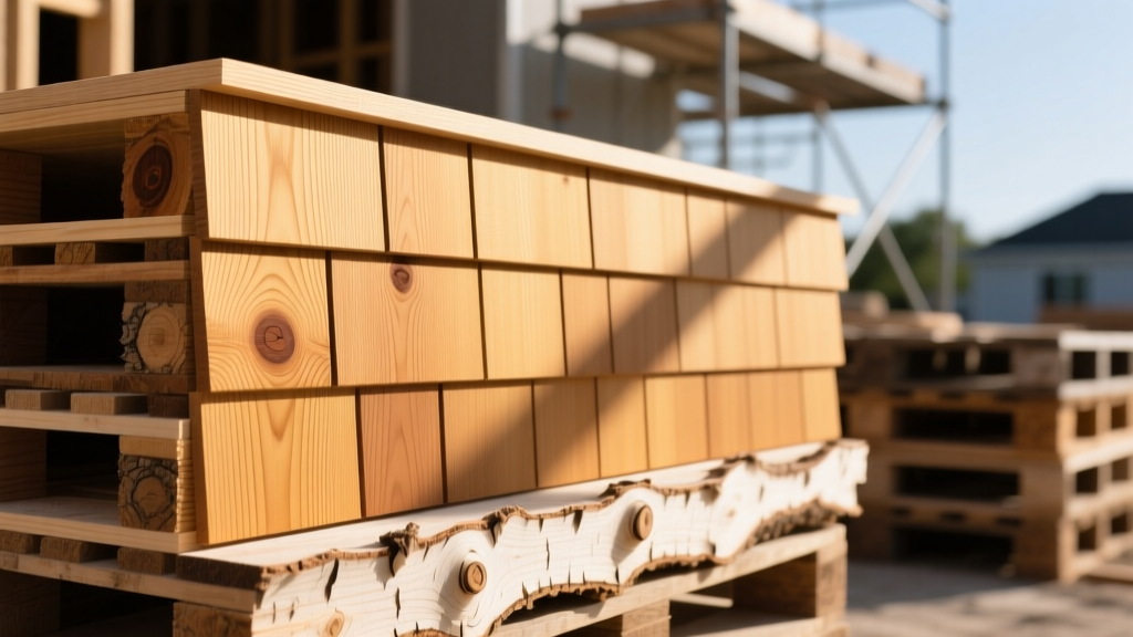 Close-up of graded cedar clapboard siding stacks showing clear heartwood versus knotty sapwood edges on a sunny construction site