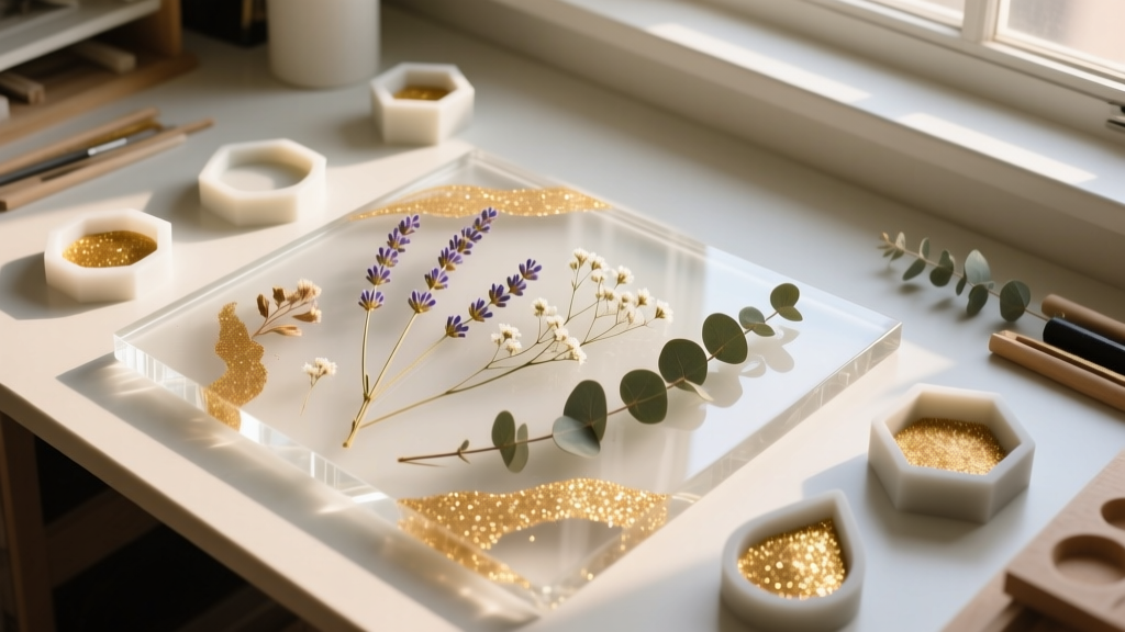Overhead DIY workspace with clear epoxy resin, silicone molds, dried flowers, and gold mica powder, bathed in warm natural light.