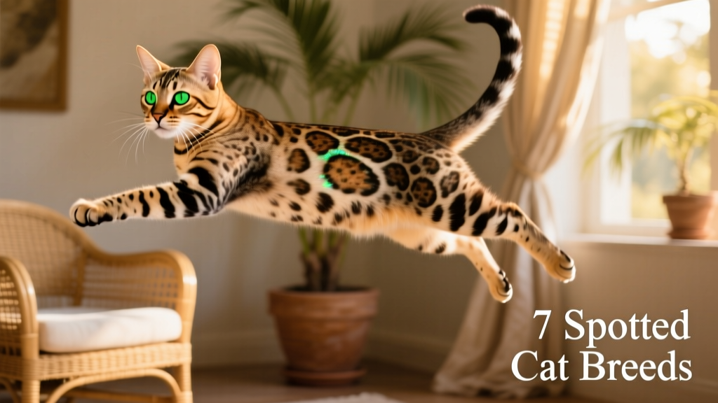Egyptian Mau mid-leap, showcasing its spotted coat and vivid green eyes