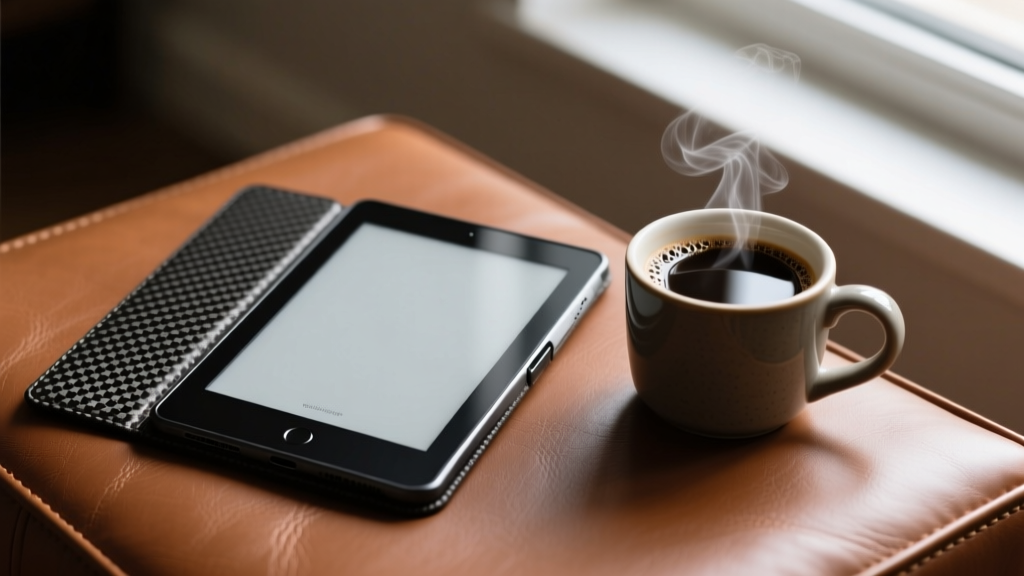 Close-up of a carbon-fiber tablet case protecting a digital e-reader, resting on a leather surface next to a cup of black coffee.