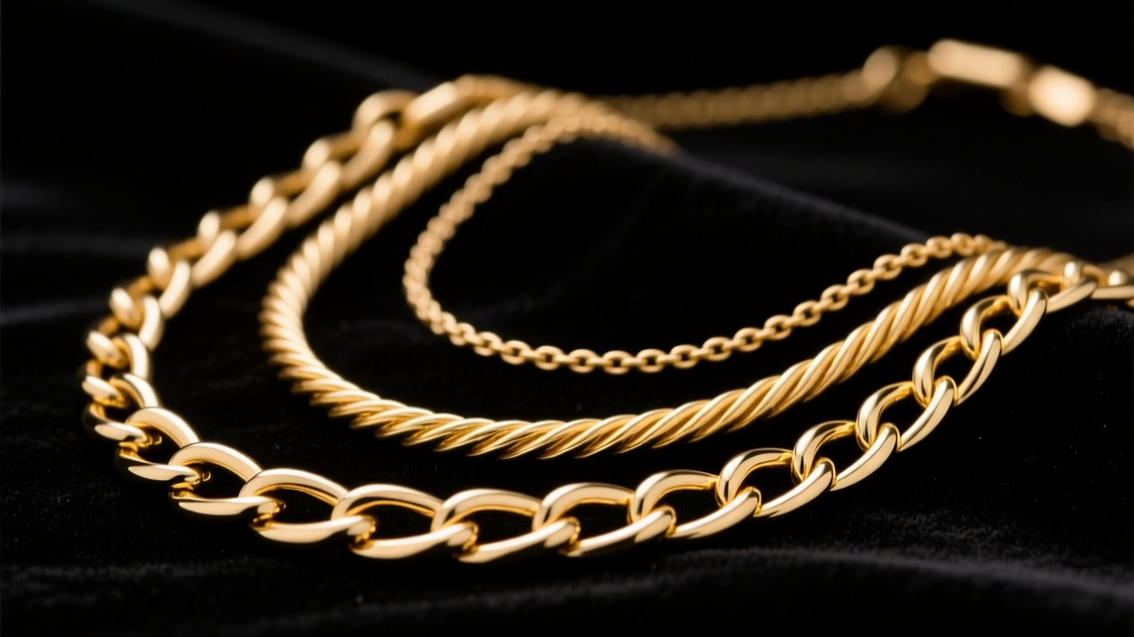 Macro photography of gold cable, curb, and rope necklace chains laid on dark velvet, soft studio lighting highlighting metal textures.