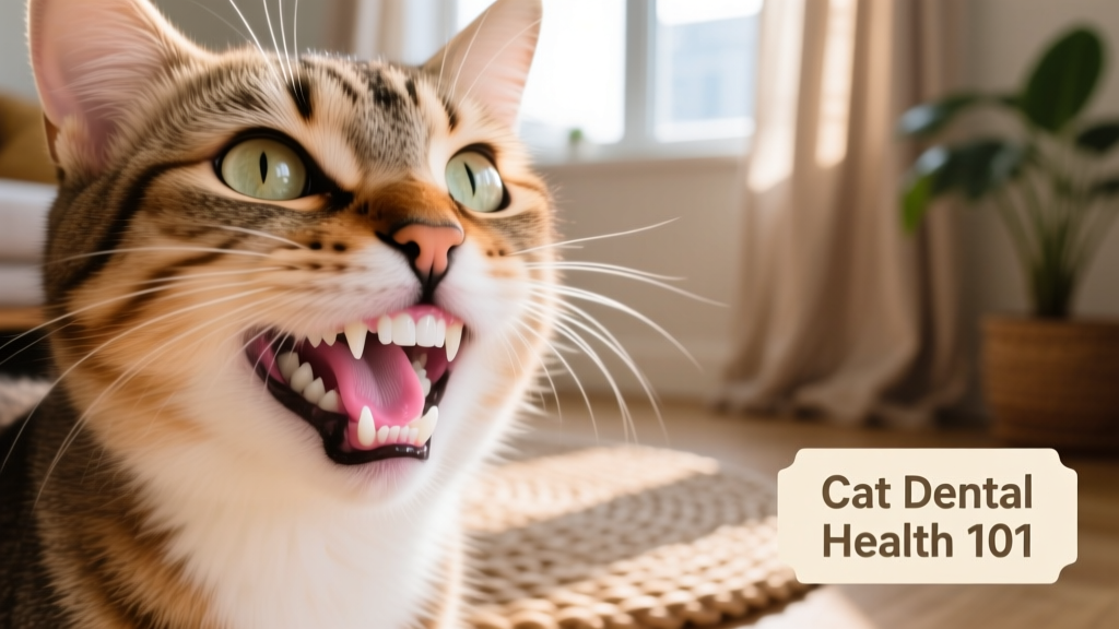 Close-up of a healthy cat's pink gums and clean teeth