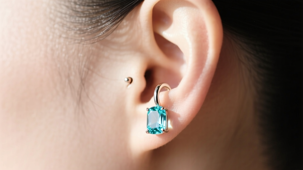Profile view of delicate aquamarine huggie earring on a pierced cartilage helix, natural sunlight catching the pale blue crystal.
