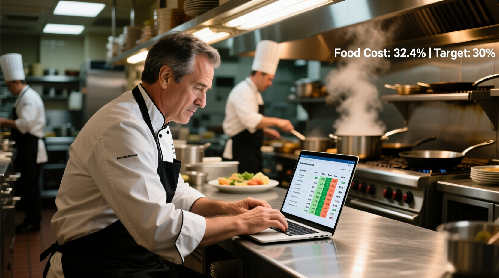 Restaurant manager calculating food costs using spreadsheet
