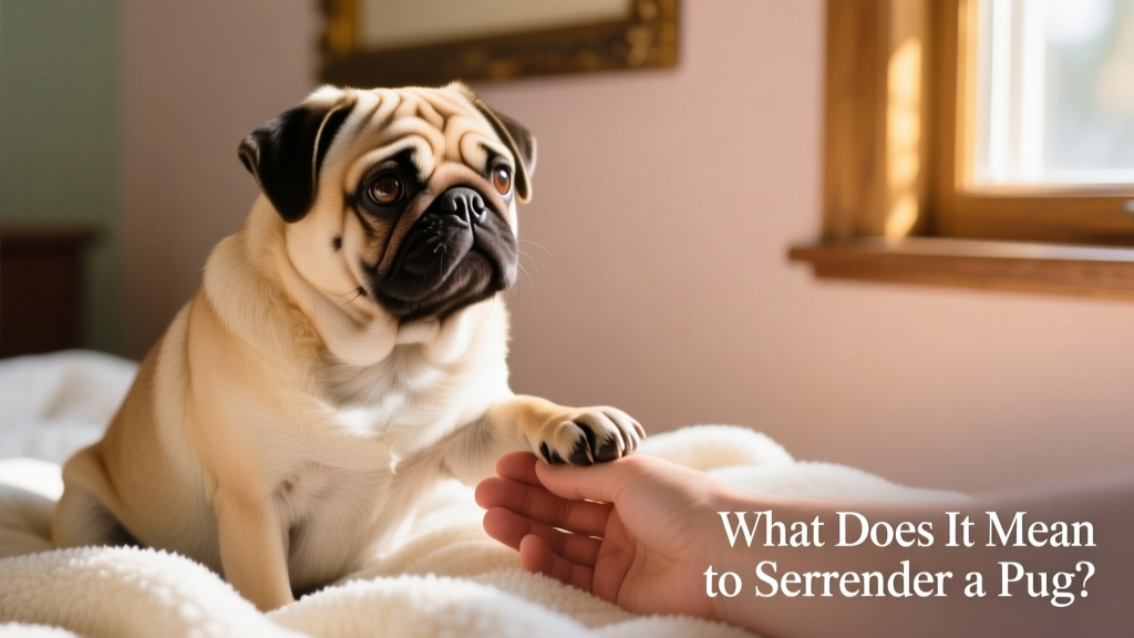 A calm, well-groomed Pug sitting beside a person's hand on a soft blanket, conveying trust and comfort