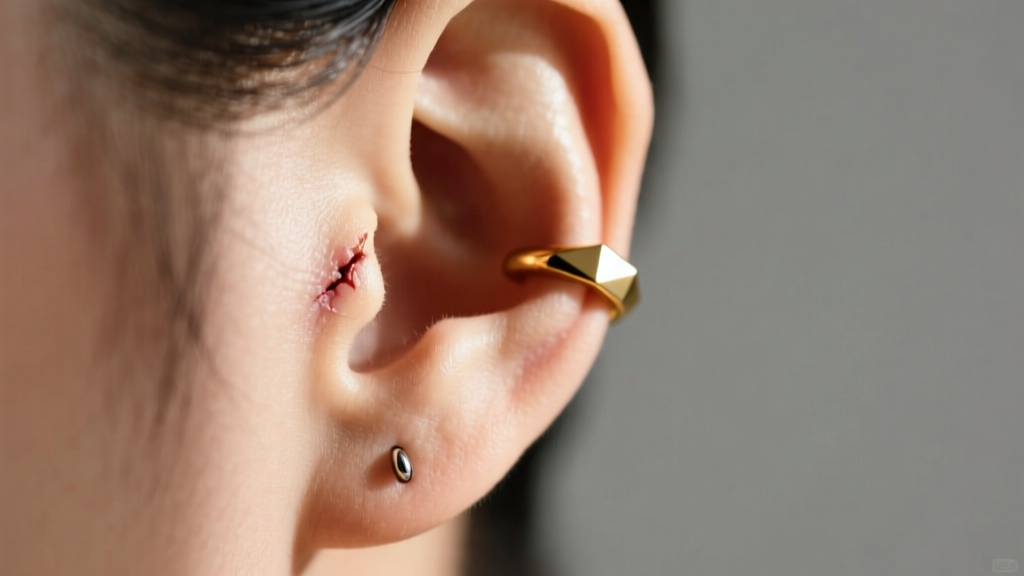 Side profile of a healed earlobe piercing wearing a 14k gold clicker hoop, showcasing proper clearance and zero skin irritation