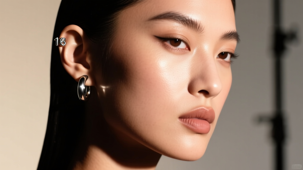 Fashion portrait of a model wearing a single 16-gauge titanium helix hoop on the left ear under dramatic studio lighting