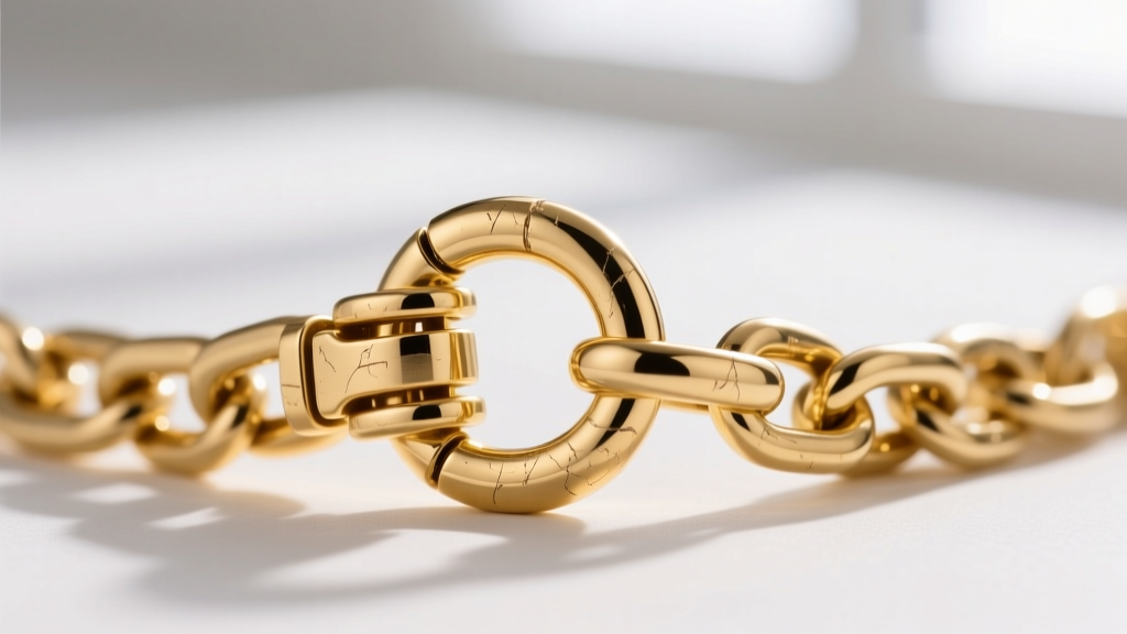 Close up of 14k gold lobster clasp and thick soldered jump ring securing a heavy multi-initial family necklace chain mechanism.