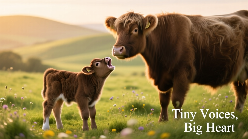 Side-by-side comparison: a tiny Highland calf standing beside her calm, full-grown mother in a grassy field