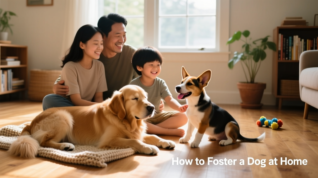 A foster family sitting together on the floor with two friendly dogs—one resting calmly on a blanket, the other leaning into a child’s hand
