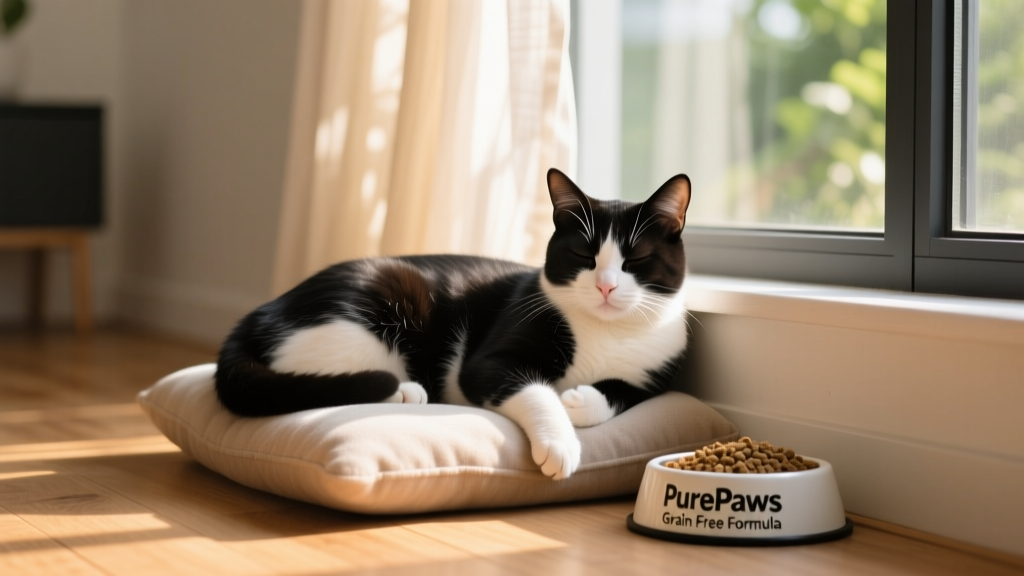 A relaxed, well-groomed cat napping peacefully in a sunlit window, symbolizing overall wellness supported by proper nutrition