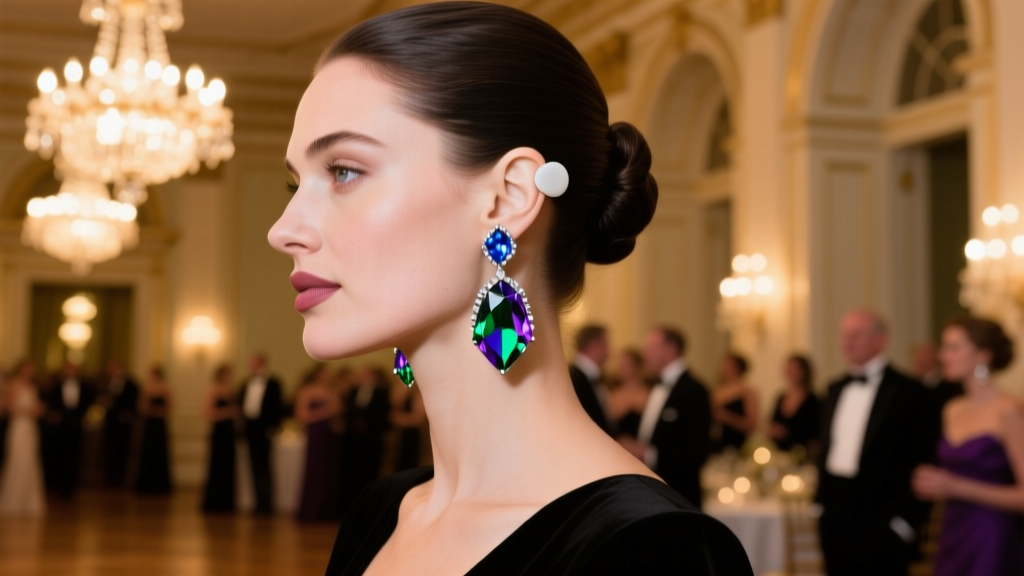 Woman wearing crystal chandelier clip-ons with silicone pads, showing secure and pain-free styling at a formal evening gala event.
