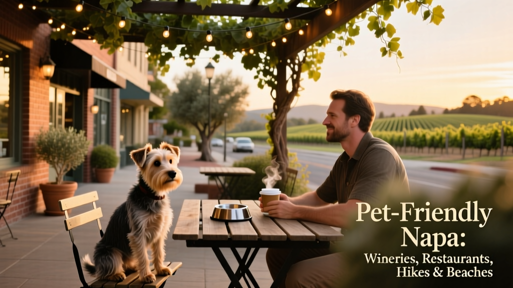 A small terrier sitting calmly beside a diner at an outdoor café table in downtown Napa, with string lights and vine-covered trellises overhead
