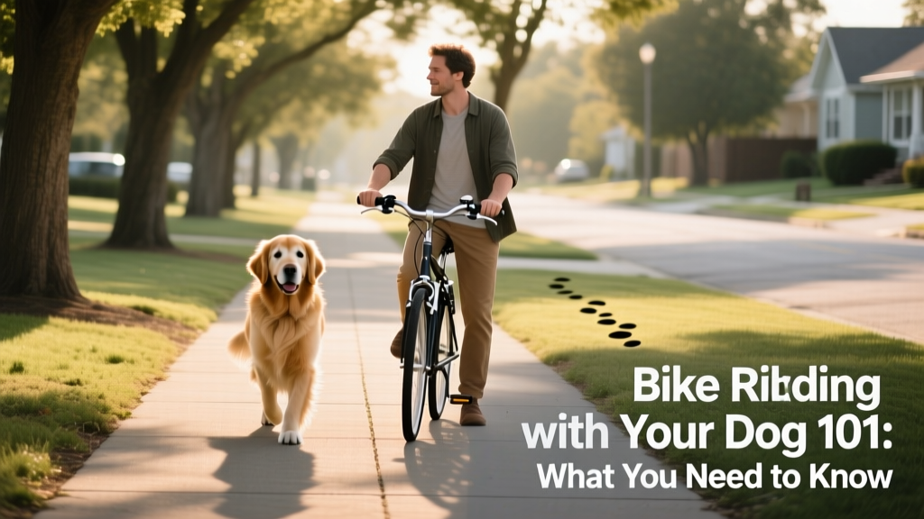 Dog walking calmly beside a person holding a bicycle, both on a quiet paved path