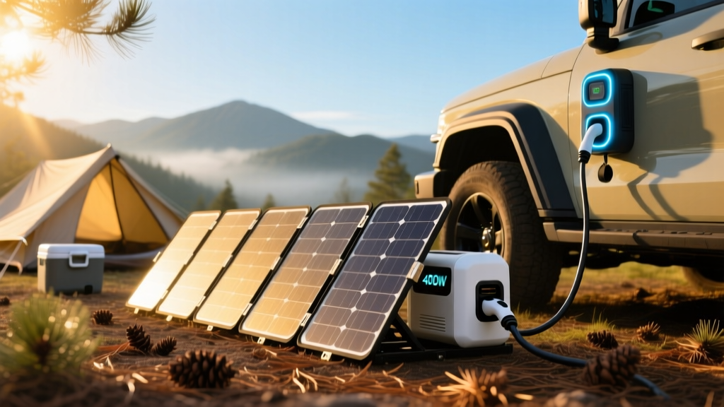 Foldable 400W portable solar panels on a campsite, connected to an EV charging port for emergency off-grid trickle power.