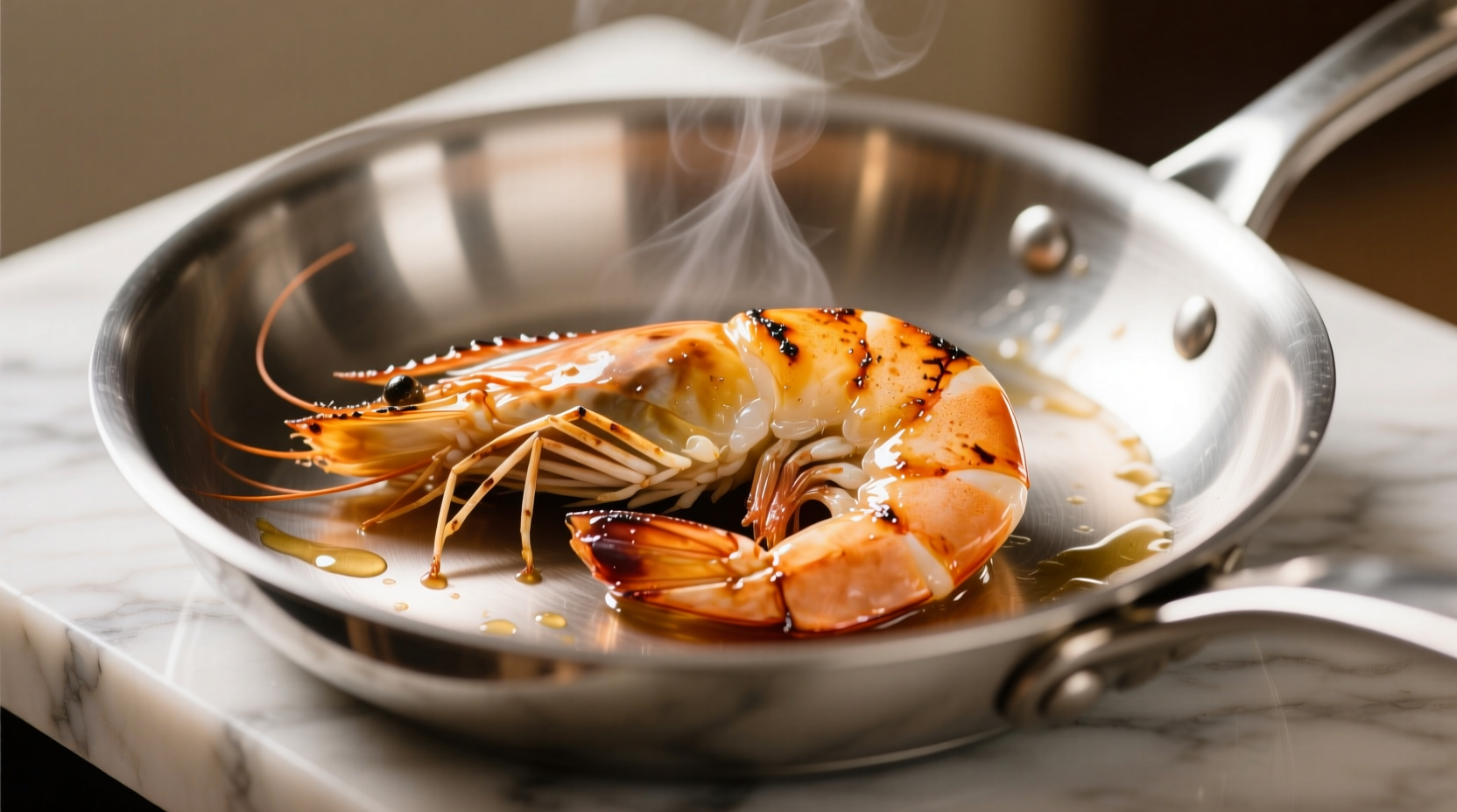 Perfectly seared shrimp in stainless steel pan