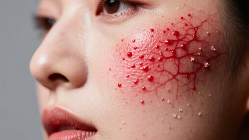 Close-up of a red, irritated rash on a woman's collarbone just below a tarnished, cheap copper-alloy chain necklace