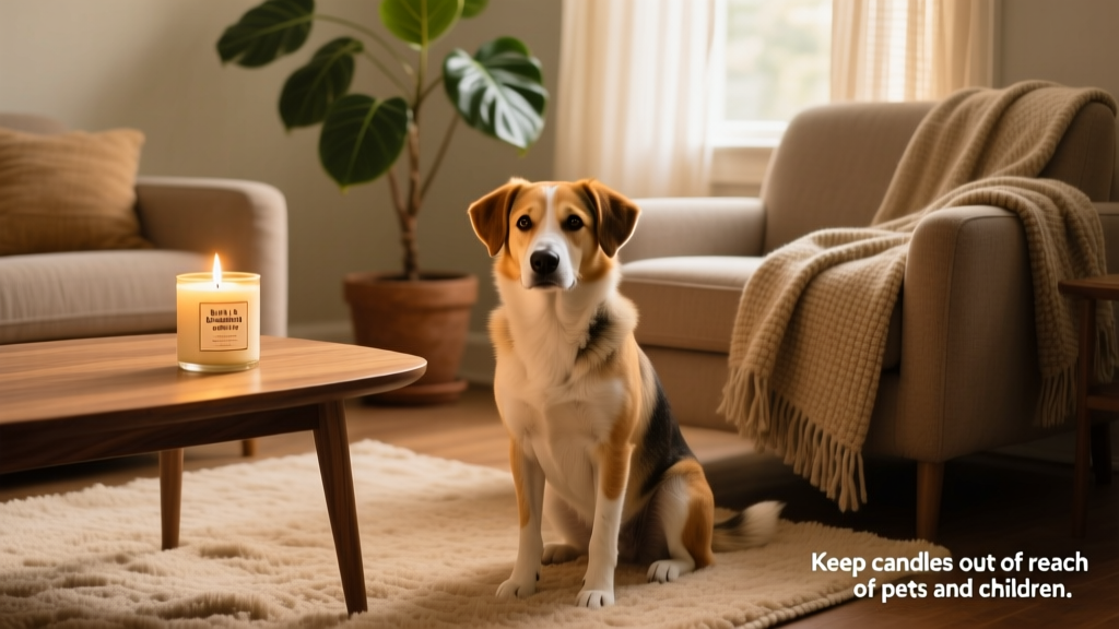 A dog sitting calmly near a lit candle on a coffee table, with soft lighting and a relaxed home setting