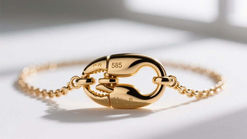 Extreme close-up of a 14k gold lobster clasp on a box chain, showing the 585 hallmark stamp and a precise laser-welded jump ring