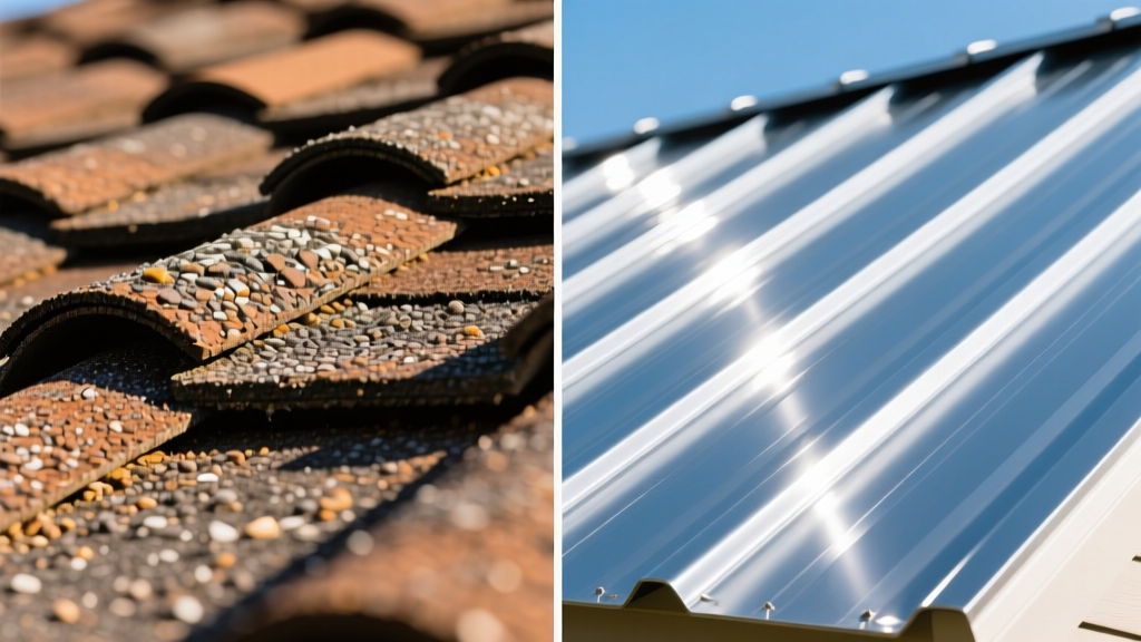 Split-screen comparison showing weathered asphalt shingles on the left and pristine standing seam metal roofing on the right under bright sunlight