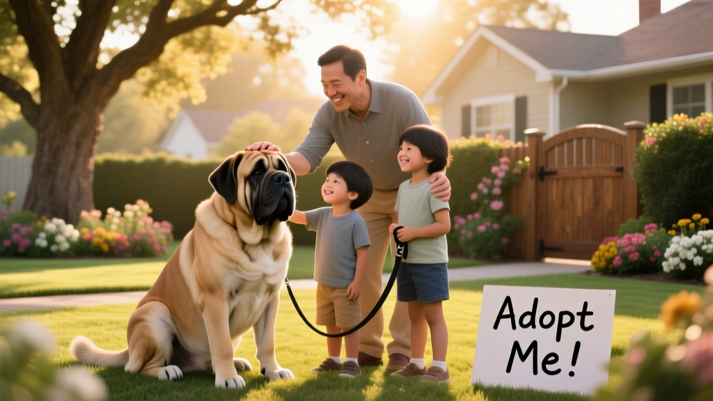A calm, gentle Mastiff sitting beside a smiling family in a sunlit backyard