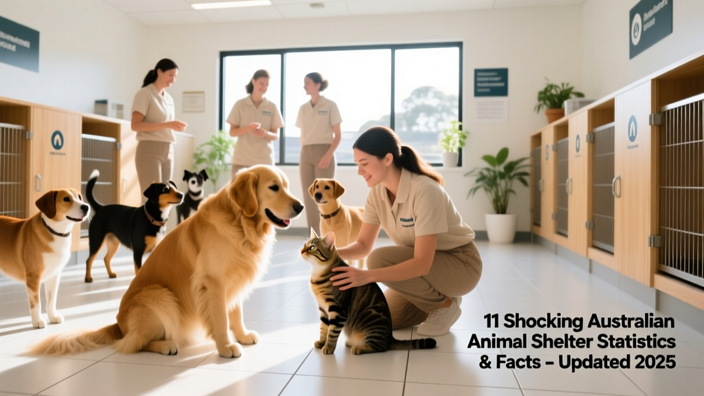 A diverse group of healthy dogs and cats in a well-lit, clean shelter environment with volunteers interacting gently