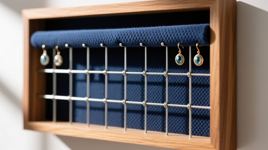 Cross-section photo of wooden frame backing with anti-tarnish flannel layered over a rigid wire grid for heavy earring storage