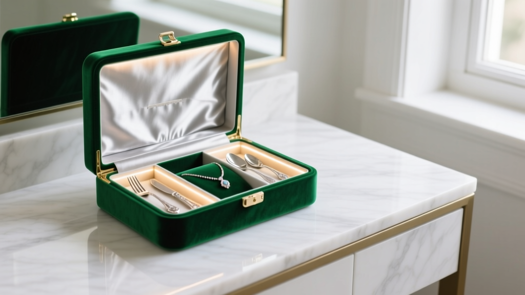 Emerald velvet jewelry box on marble vanity, displaying LED-lit compartments and anti-tarnish silver cloth lining for fine jewelry