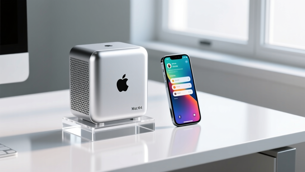 Silver Apple Mac mini M4 compact desktop positioned vertically on an acrylic stand next to a smartphone for size comparison on a white desk