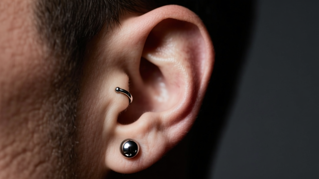 Masculine ear featuring a single 16-gauge titanium labret stud in the lobe, moody studio lighting highlighting the polished metal.