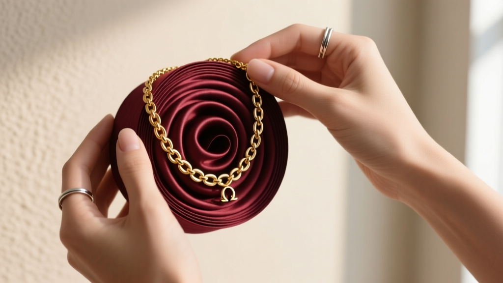 Elegant hands coiling a gold omega necklace into a wide-diameter silk roll to demonstrate proper anti-kink storage