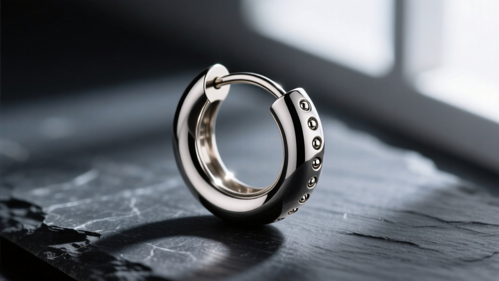 Macro shot of a titanium ball hoop earring on dark slate, highlighting the captive bead dimples and ring tension ends