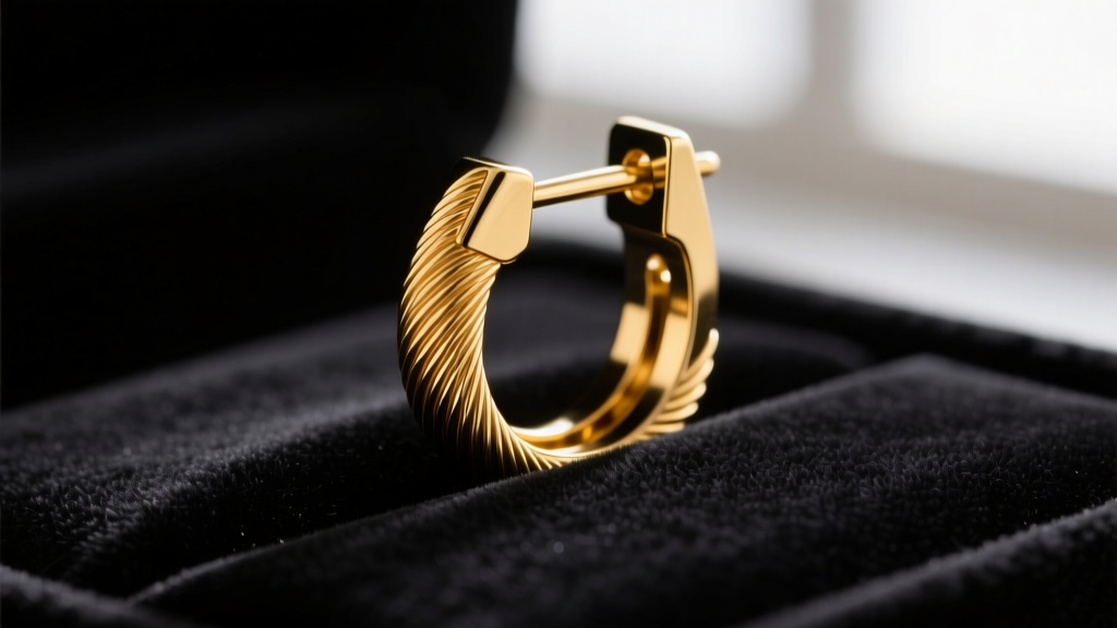 Macro shot of 18k gold leverback clasp closed on dark velvet, sharp focus on the hinge tension and secure wire gauge thickness.